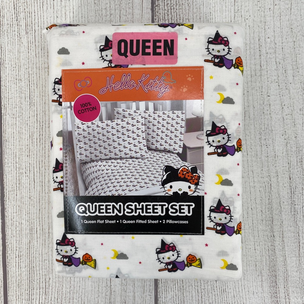 Hello Kitty Sheet Set QUEEN White Halloween Witch Cotton Sanrio Spooky Pumpkin